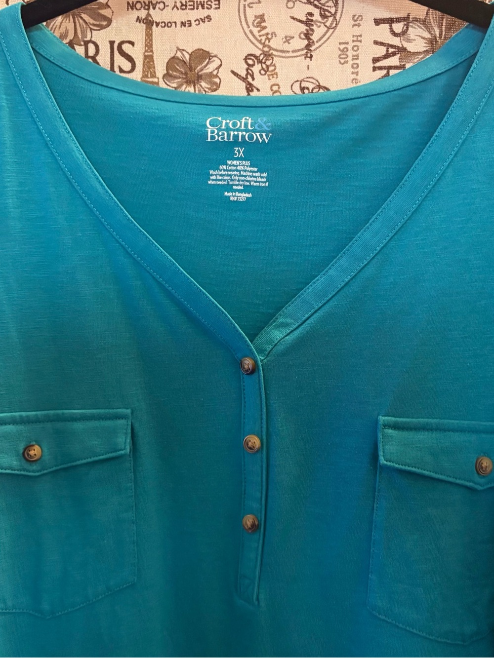 Croft & Barrow 3X Turquoise Roll Tab Henley Top | Dual Pocket Blouse - Picture 2 of 8